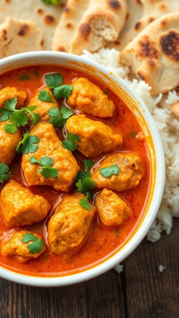 A bowl of spicy chicken curry with cilantro, served with rice and naan on a wooden table.